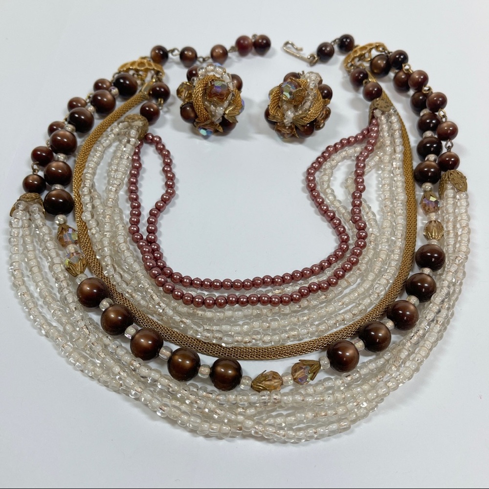 Vintage Brown Gold Cream Moonglow Faux Pearl Glass Bead Necklace & Earrings Set